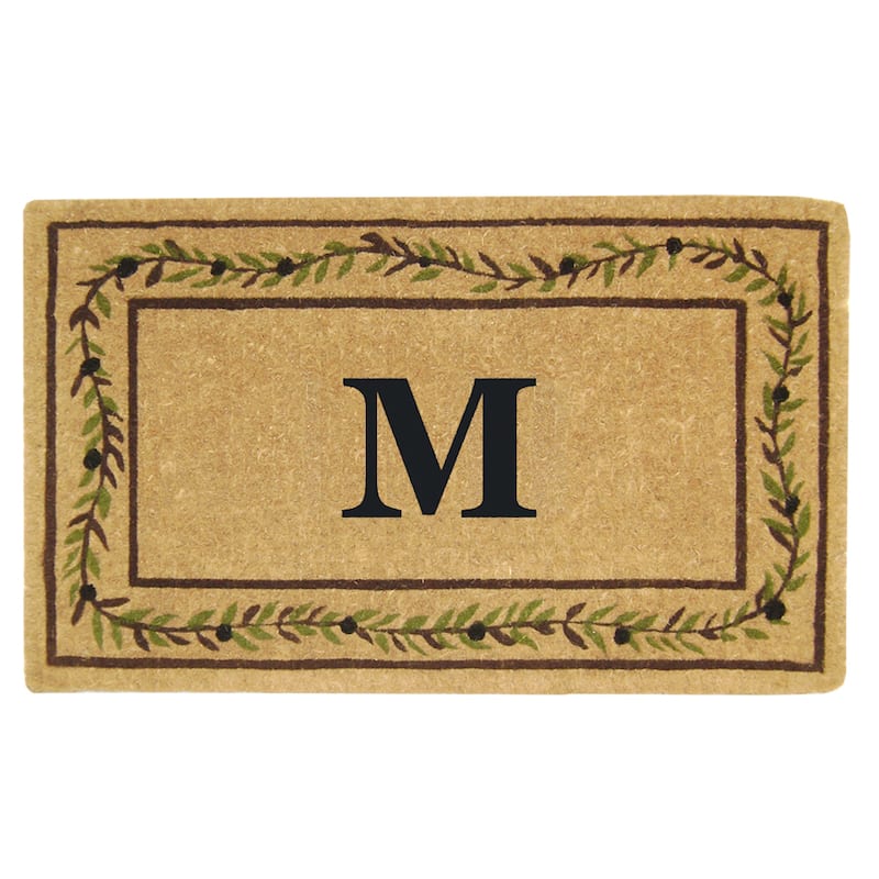 Heavy-duty Coir Decorative Olive Branch Border Monogrammed Doormat - 22 inches x 36 inches - M - Green/Brown