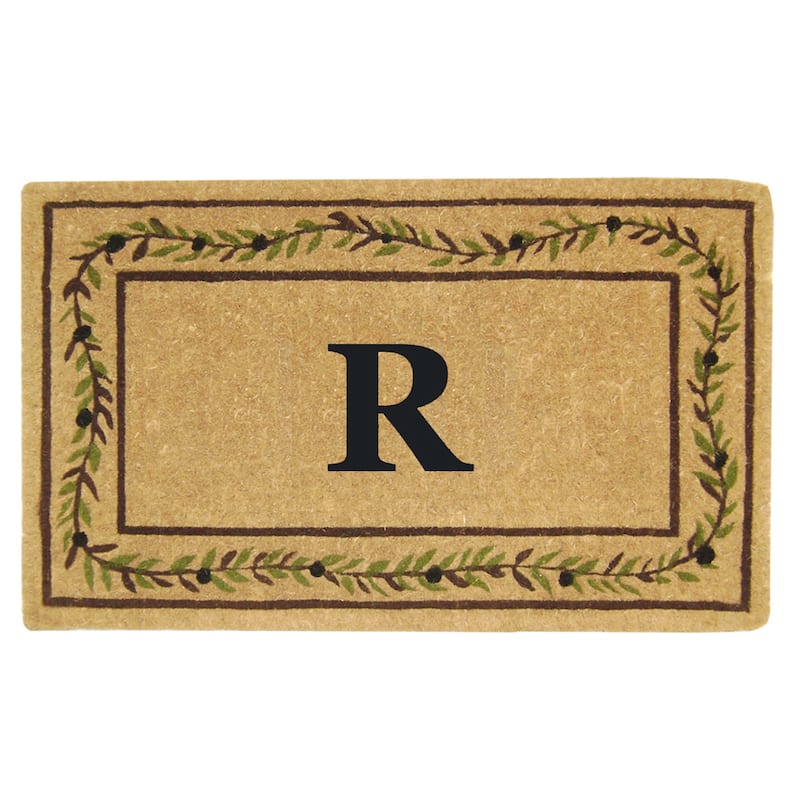 Heavy-duty Coir Decorative Olive Branch Border Monogrammed Doormat - 22 inches x 36 inches - R - Green/Brown