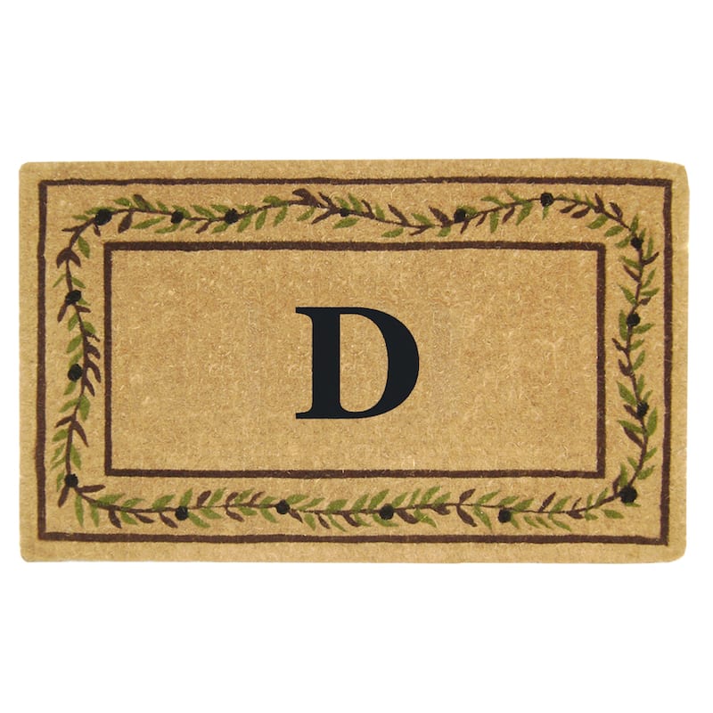 Heavy-duty Coir Decorative Olive Branch Border Monogrammed Doormat - 22 inches x 36 inches - D - Green/Brown