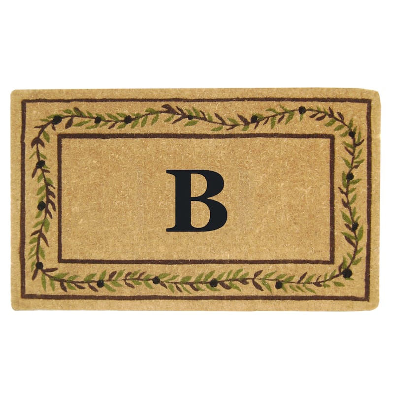 Heavy-duty Coir Decorative Olive Branch Border Monogrammed Doormat - 22 inches x 36 inches - B - Green/Brown