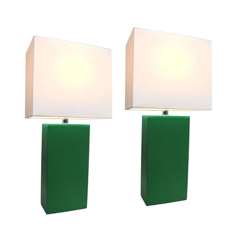Porch & Den Fairway Green Leather and White Fabric Shade Table Lamps (Set of 2)
