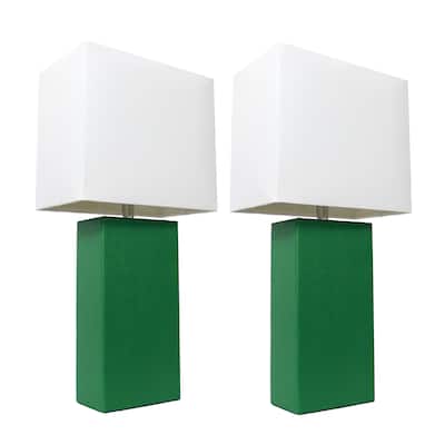 Porch & Den Fairway Green Leather and White Fabric Shade Table Lamps (Set of 2)