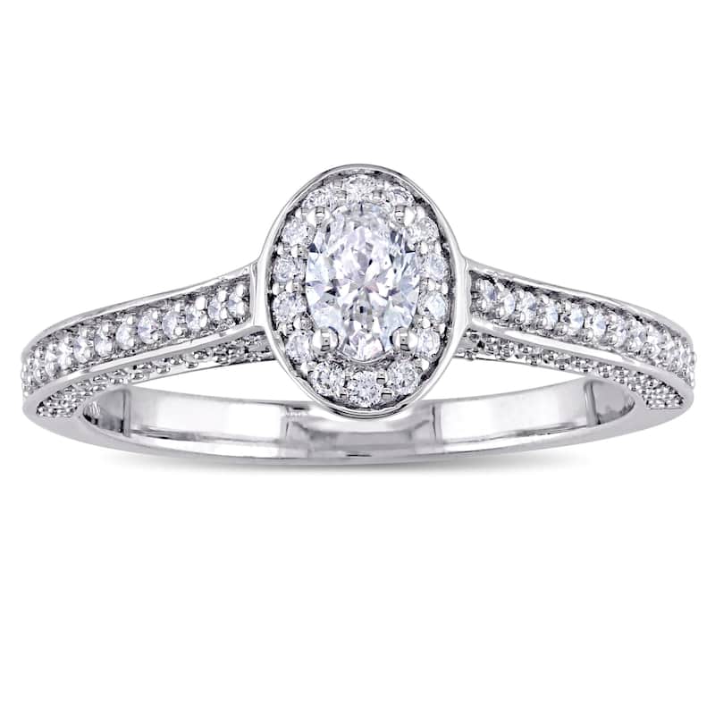 Miadora Signature Collection 14k White Gold 3/4ct TDW Oval and Round-Cut Diamond Halo Engagement Rin