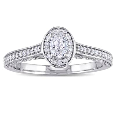Miadora Signature Collection 14k White Gold 3/4ct TDW Oval and Round-Cut Diamond Halo Engagement Rin