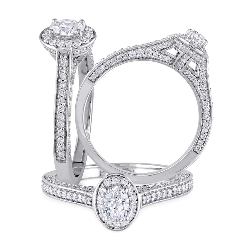 Miadora Signature Collection 14k White Gold 3/4ct TDW Oval and Round-Cut Diamond Halo Engagement Rin