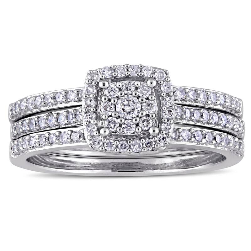 Miadora 14k White Gold 1/2ct TDW Diamond 3-Row Double Square Halo Bridal-Set