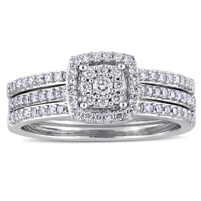 Miadora 14k White Gold 1/2ct TDW Diamond 3-Row Double Square Halo Bridal-Set