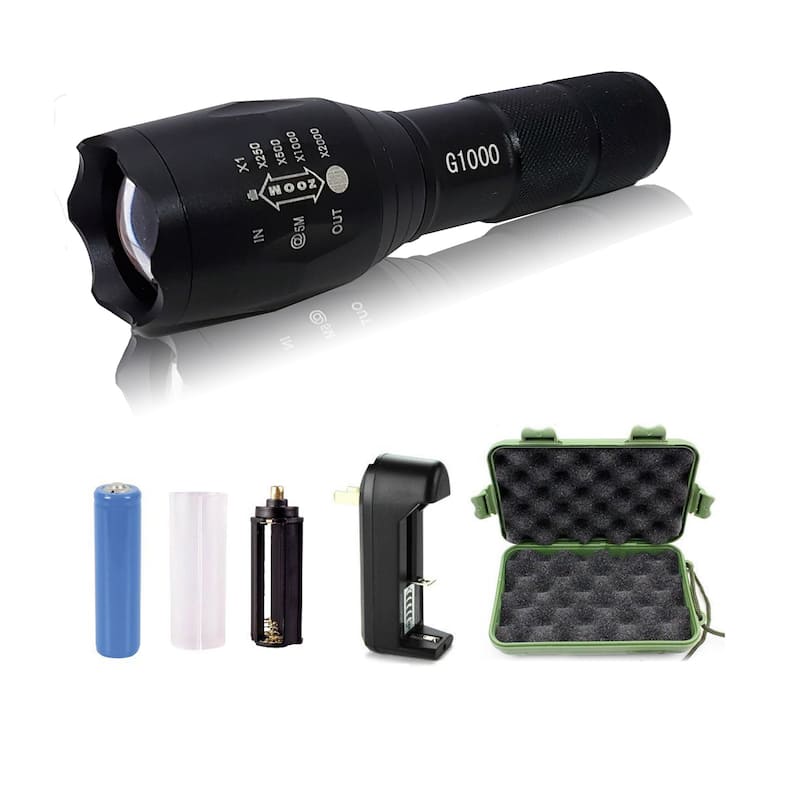 Rechargable, 5-Mode, Adjustable-Focus, Ultra-Bright LED Flashlight Kit - Black