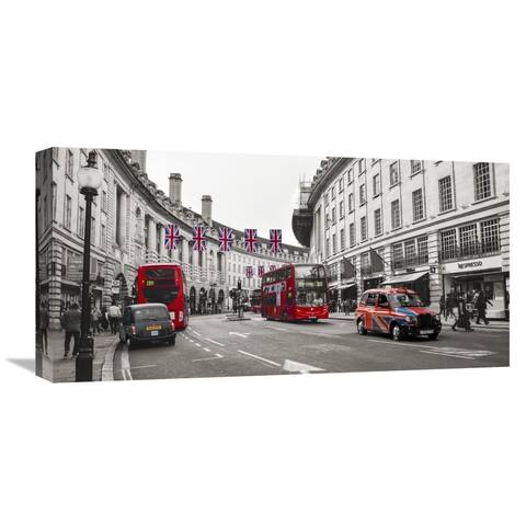 Global Gallery Pangea Images 'Buses and taxis in Oxford Street, London' Stretched Canvas Artwork