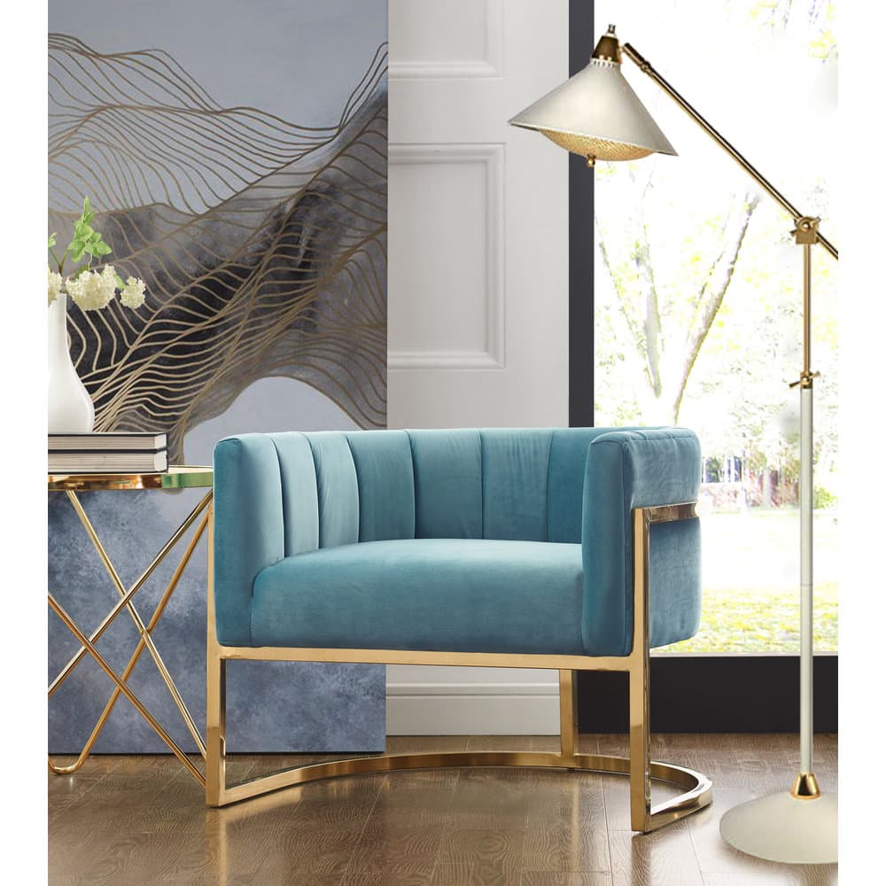 Magnolia Glam Sea Blue Velvet Chair with Gold Base