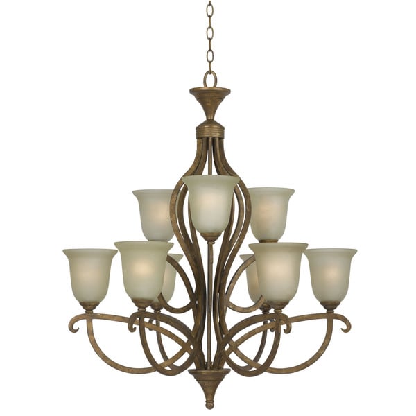Emmett Goldtone Finish Glass Shade Hand Forged Iron 9 Light Emmett Goldtone Finish Glass Shade Hand Forged Iron 9 Light Chandelier Gold