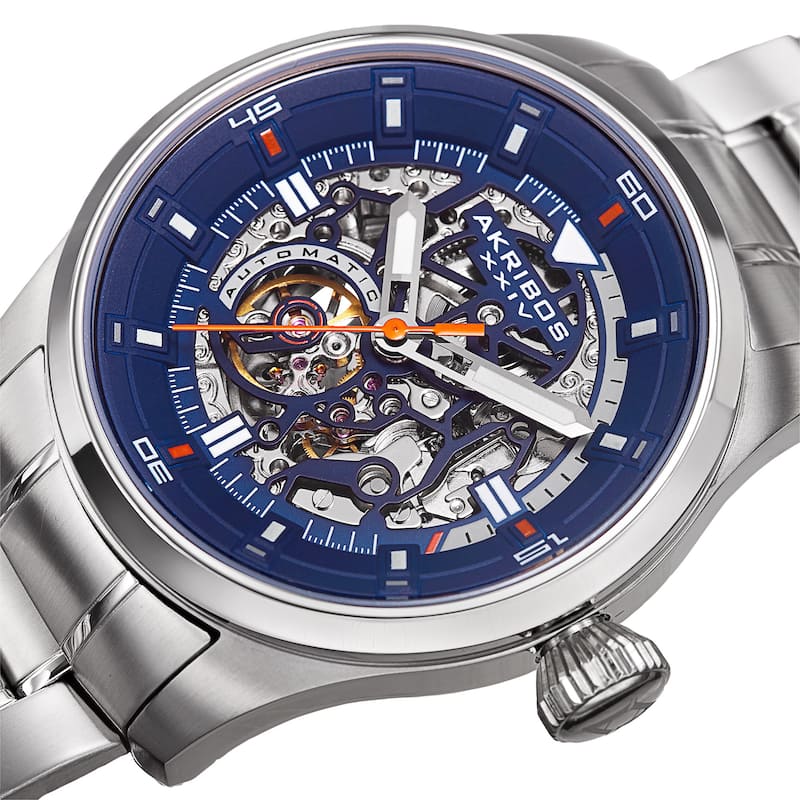 Akribos XXIV Men's Automatic Skeleton Stainless Steel Silver-Tone Bracelet Watch