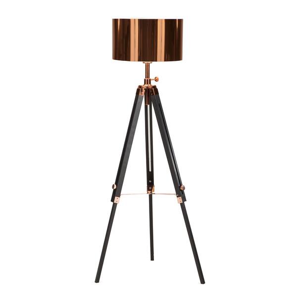 slide 1 of 1, Black and Copper Metal and Wood Tripod Floor Lamp