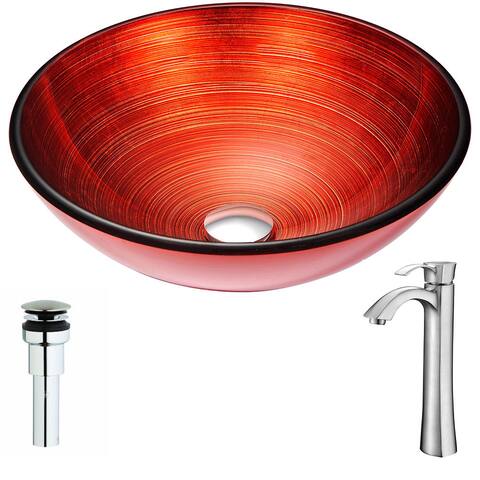 Anzzi Echo Series Deco-glass Vessel Sink in Lustrous Red with Harmony Faucet in Brushed Nickel