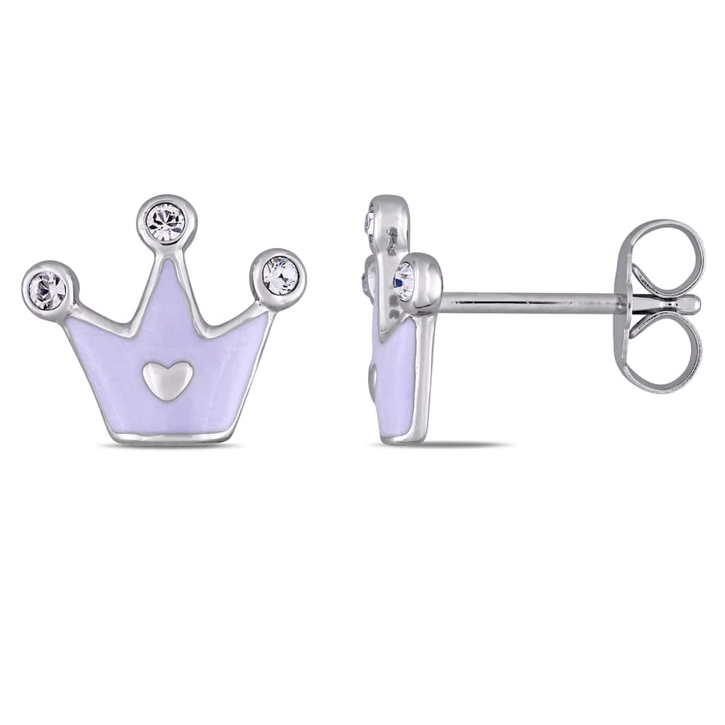 Miadora Sterling Silver Children's White Enamel and Crystal Crown Stud Earrings