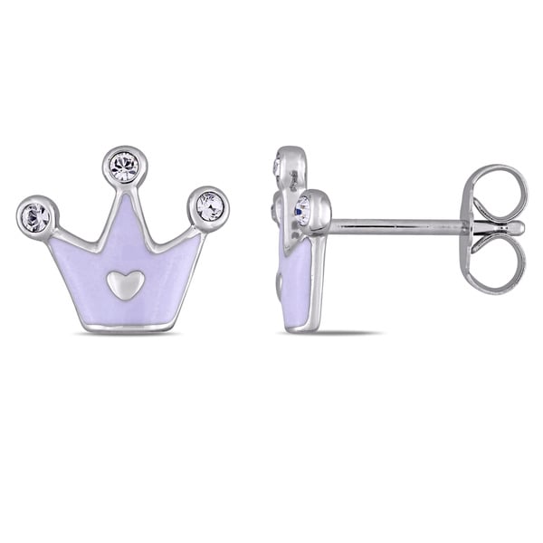 Miadora Sterling Silver Children's White Enamel and Crystal Crown Stud Earrings. Opens flyout.