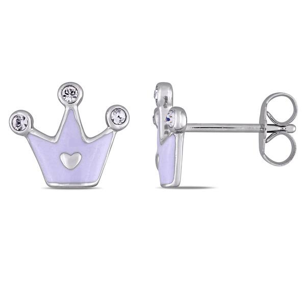 slide 2 of 3, Miadora Sterling Silver Children's White Enamel and Crystal Crown Stud Earrings