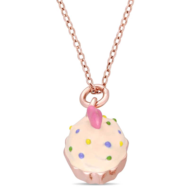 Miadora Rose Plated Sterling Silver Children's Multi-Color Enamel Cupcake Pendant with Chain