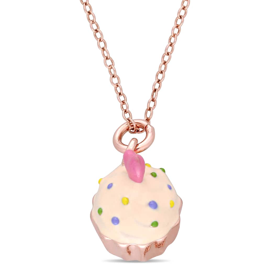 Miadora Rose Plated Sterling Silver Children's Multi-Color Enamel Cupcake Pendant with Chain