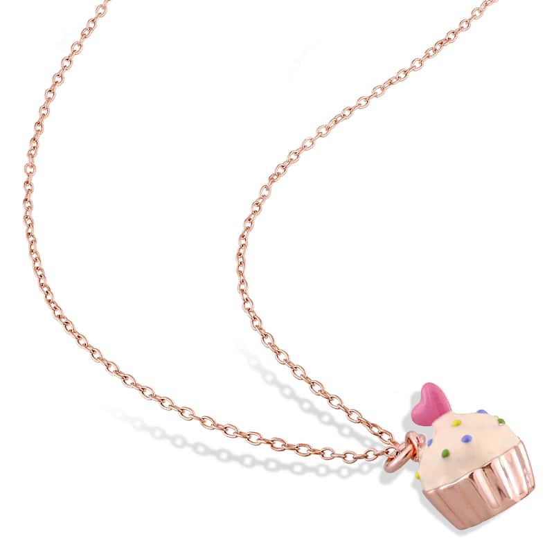 Miadora Rose Plated Sterling Silver Children's Multi-Color Enamel Cupcake Pendant with Chain