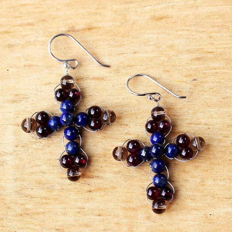NOVICA Sterling Silver 'Cross of Hope' Lapis Lazuli Garnet Earrings - Red - 1.8*1.1