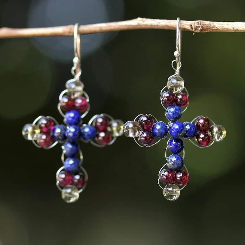 NOVICA Sterling Silver 'Cross of Hope' Lapis Lazuli Garnet Earrings - Red - 1.8*1.1