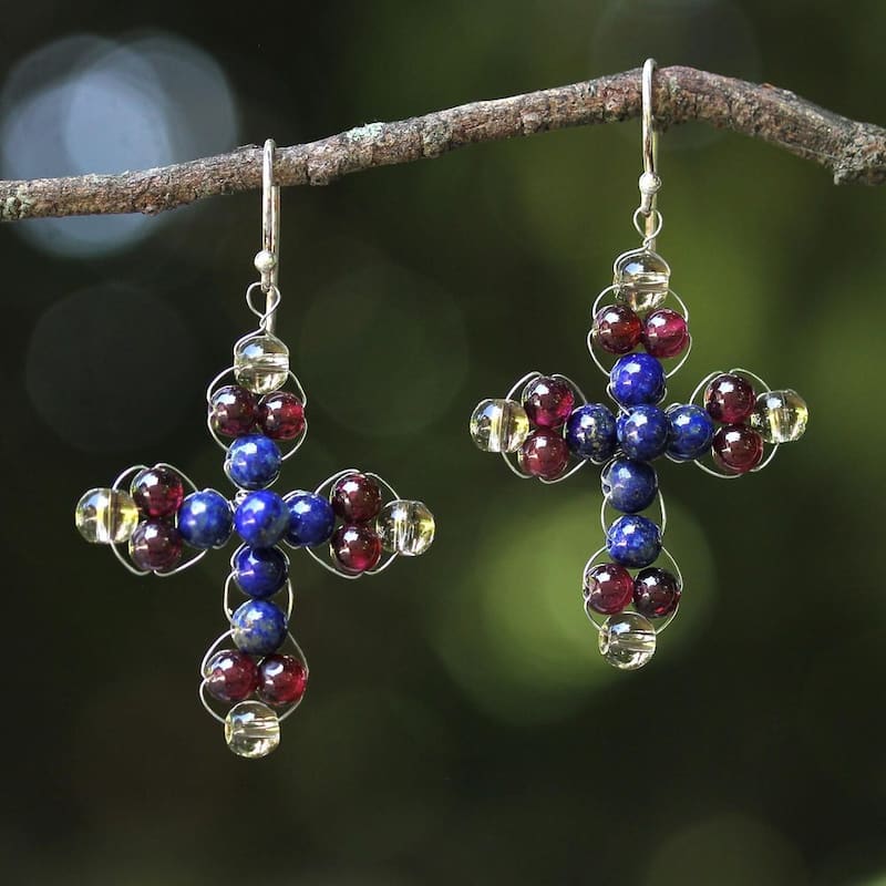 NOVICA Sterling Silver 'Cross of Hope' Lapis Lazuli Garnet Earrings - Red - 1.8*1.1