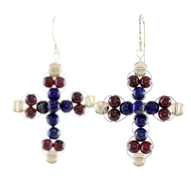 NOVICA Sterling Silver 'Cross of Hope' Lapis Lazuli Garnet Earrings - Red - 1.8*1.1