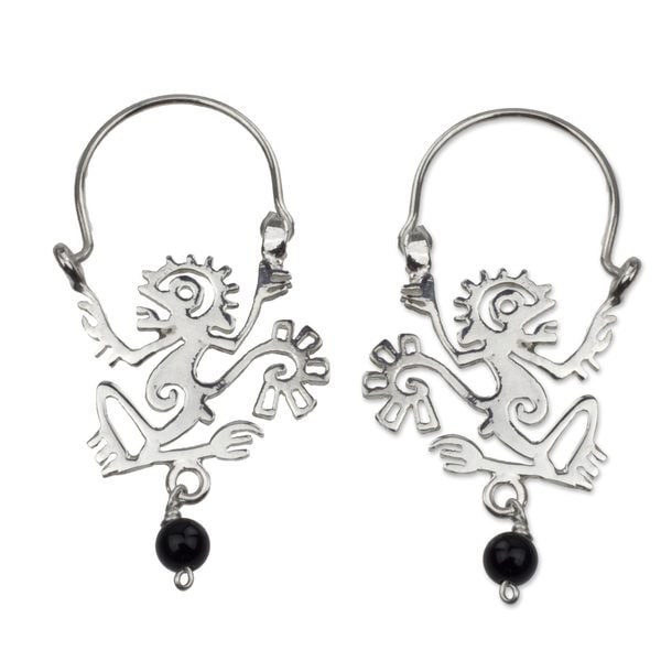 Handmade Sterling Silver Ozomatli Monkey Onyx Earrings