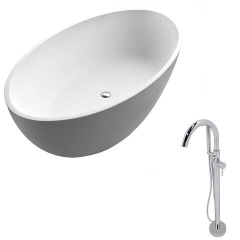 Anzzi Cestino 5.5-foot Man-made Stone Classic Soaking Bathtub in Matte White with Kros Faucet in Chrome