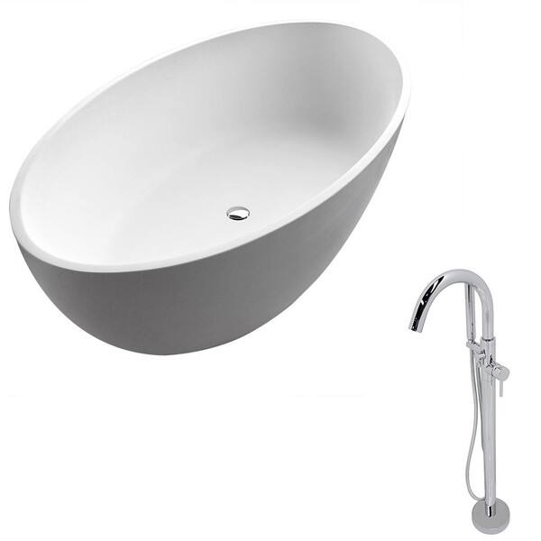 slide 2 of 8, Anzzi Cestino 5.5-foot Man-made Stone Classic Soaking Bathtub in Matte White with Kros Faucet in Chrome