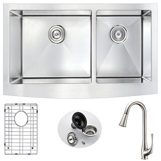 ANZZI Elysian 36" Farmhouse Double Bowl Kitchen Sink with Nickel Singer Faucet - Silver