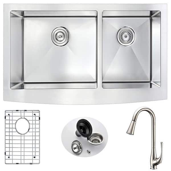 slide 2 of 16, ANZZI Elysian 36" Farmhouse Double Bowl Kitchen Sink with Nickel Singer Faucet - Silver
