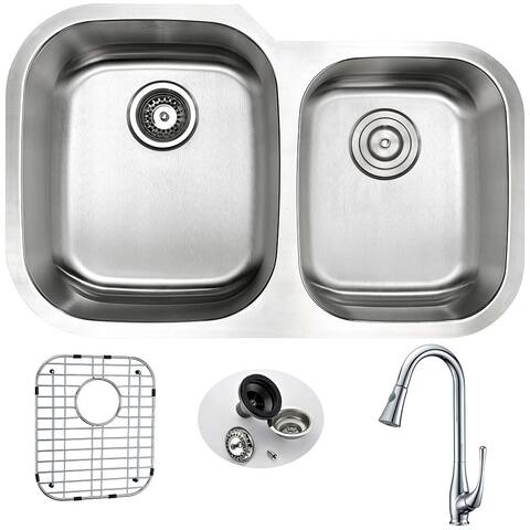 ANZZI Moore Undermount Stainless Steel 32-inch Double Bowl Kitchen Sink and Faucet Set with Singer Faucet in Polished Chrome