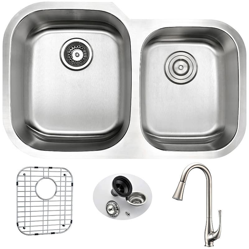 ANZZI Moore Stainless Steel 32-inch Double Bowl Undermount Kitchen Sink with Singer Brushed Nickel Faucet
