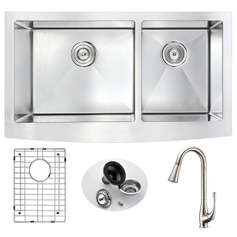 ANZZI Elysian 33" Farmhouse Double Bowl Kitchen Sink with Brushed Nickel Singer Faucet