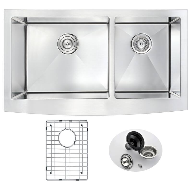 ANZZI Elysian 33" Farmhouse Double Bowl Kitchen Sink with Brushed Nickel Singer Faucet