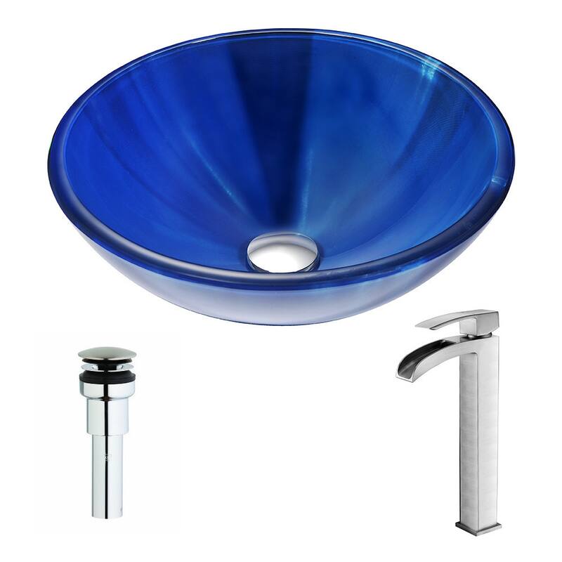 ANZZI Meno Series Lustrous Blue Deco-Glass Vessel Sink with Key Brushed Nickel Faucet
