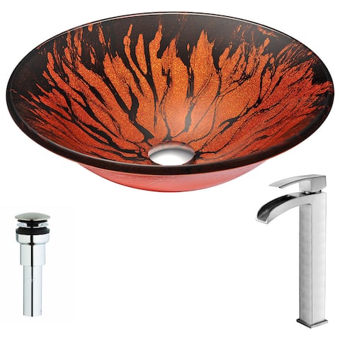 Anzzi Forte Series Deco-glass Vessel Sink in Lustrous Red and Black with Key Faucet in Brushed Nickel
