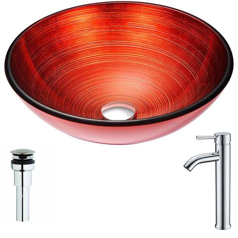 Anzzi Echo Series Deco-glass Vessel Sink in Lustrous Red with Fann Faucet in Chrome