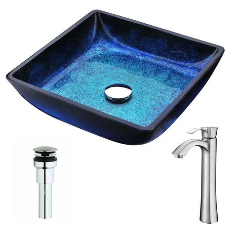 ANZZI Viace Series Blazing Blue Deco-Glass Vessel Sink with Harmony Brushed Nickel Faucet