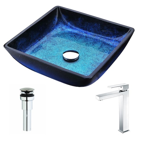 ANZZI Viace Series Blazing Blue Deco-Glass Vessel Sink with Enti Chrome Faucet