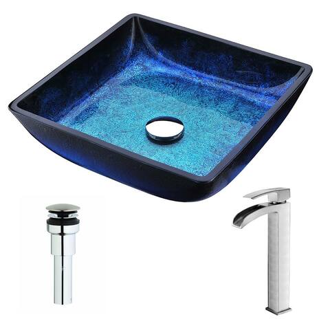 ANZZI Viace Series Blazing Blue Deco-Glass Vessel Sink with Key Brushed Nickel Faucet