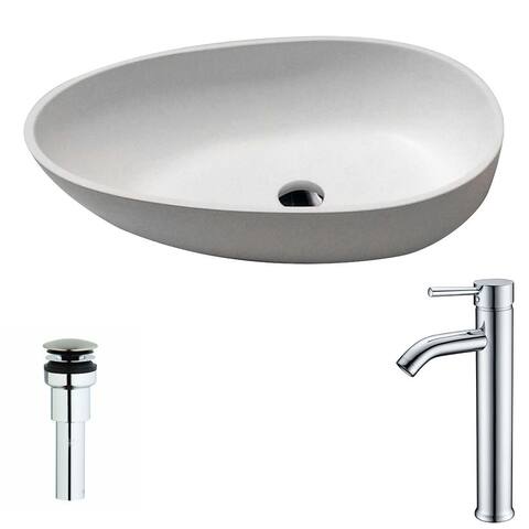 Anzzi Trident 1-piece Man Made Stone Vessel Sink in Matte White with Fann Faucet in Chrome