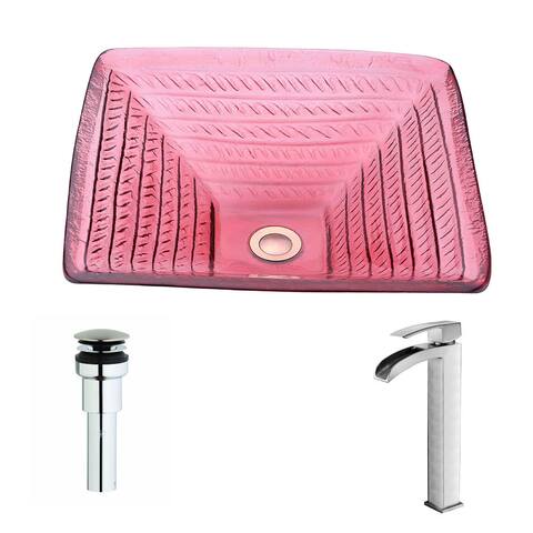 ANZZI Ritmo Series Lustrous Translucent Red Deco-Glass Vessel Sink with Key Brushed Nickel Faucet