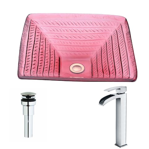 ANZZI Ritmo Series Lustrous Translucent Red Deco-Glass Vessel Sink with Key Polished Chrome Faucet