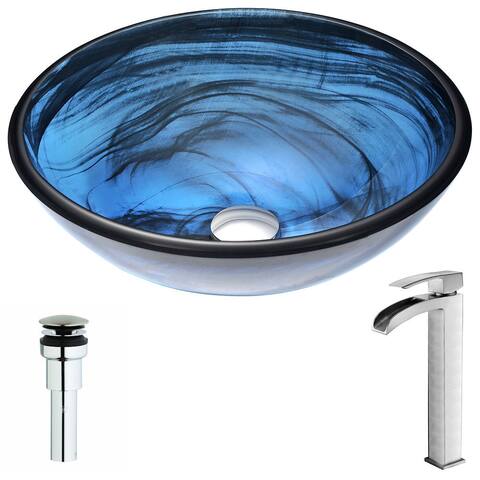 ANZZI Soave Series Deco-Glass Sapphire Wisp Vessel Sink with Brushed Nickel Faucet