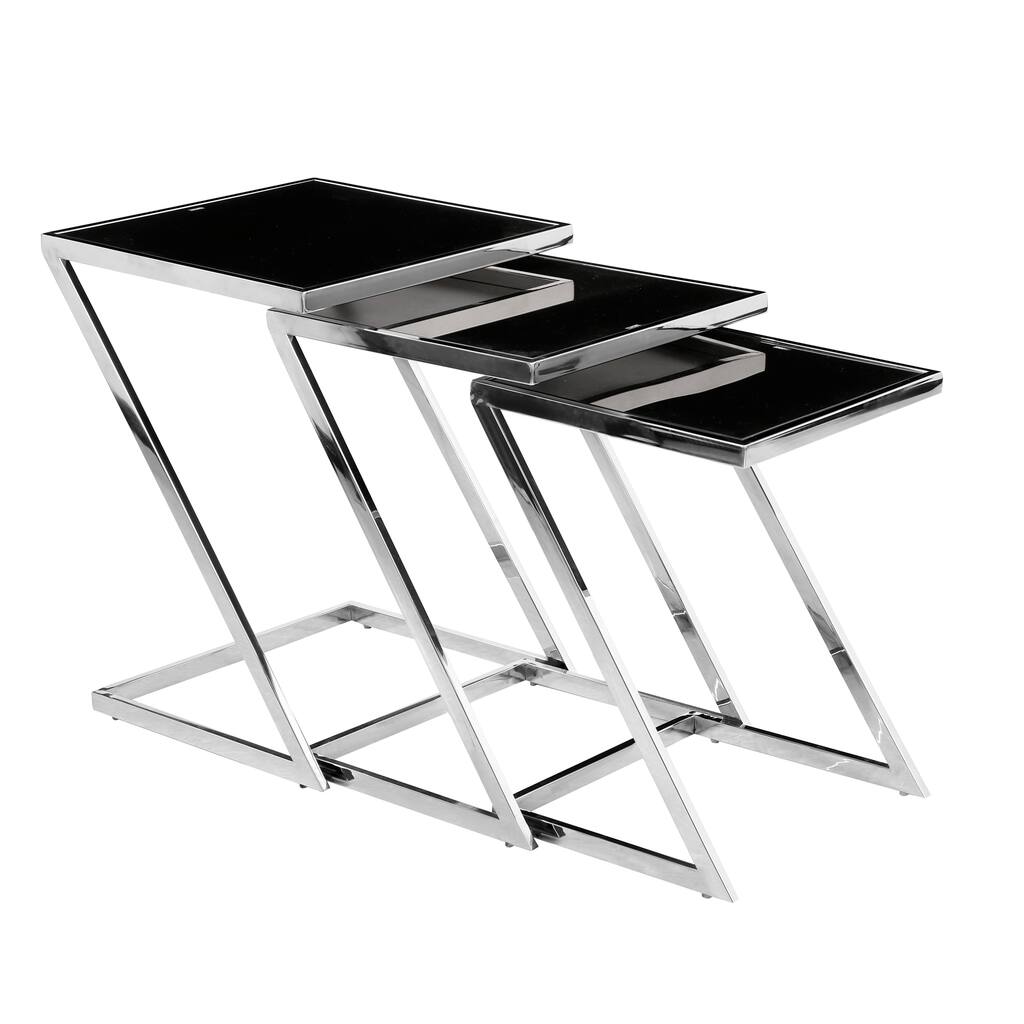 Chrome Metal 3-piece Nesting Table with Black Glass Top