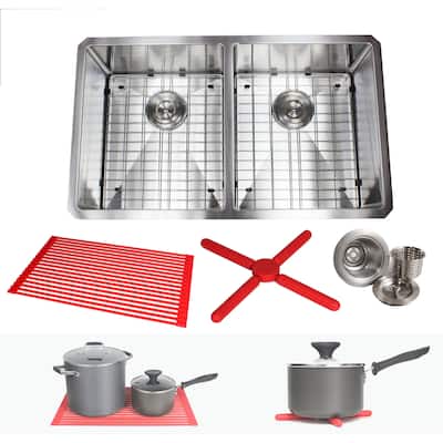 32-inch Stainless Steel Double Bowl 15mm Radius Undermount Kitchen Sink with Accessories