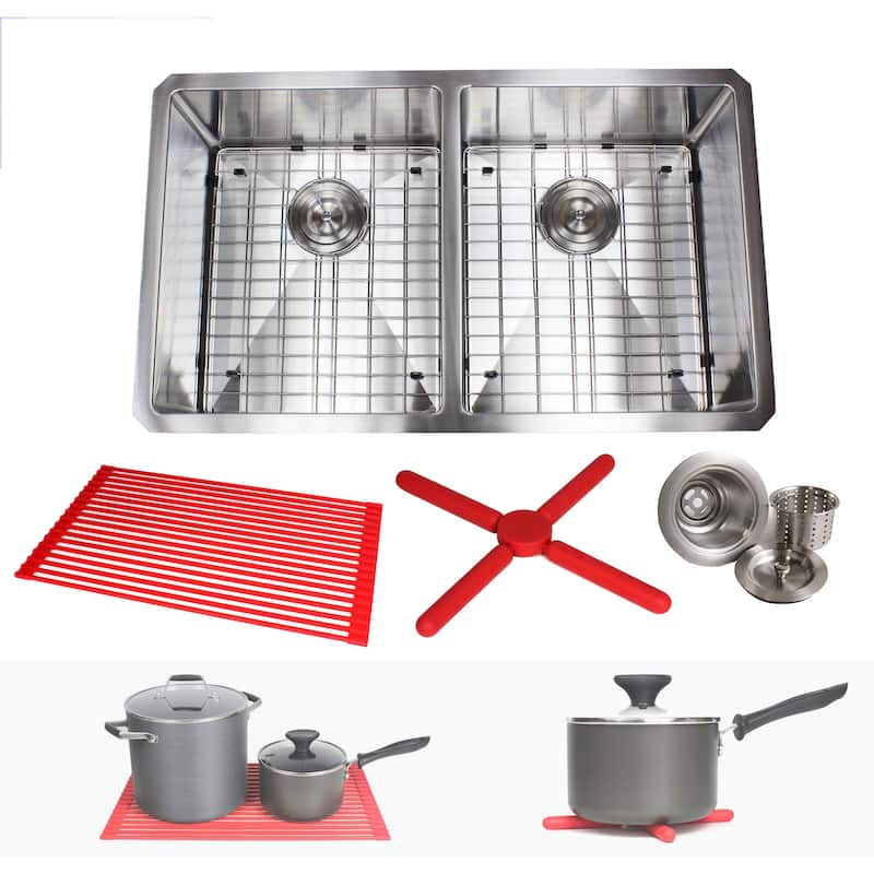 32-inch Stainless Steel Double Bowl 15mm Radius Undermount Kitchen Sink with Accessories
